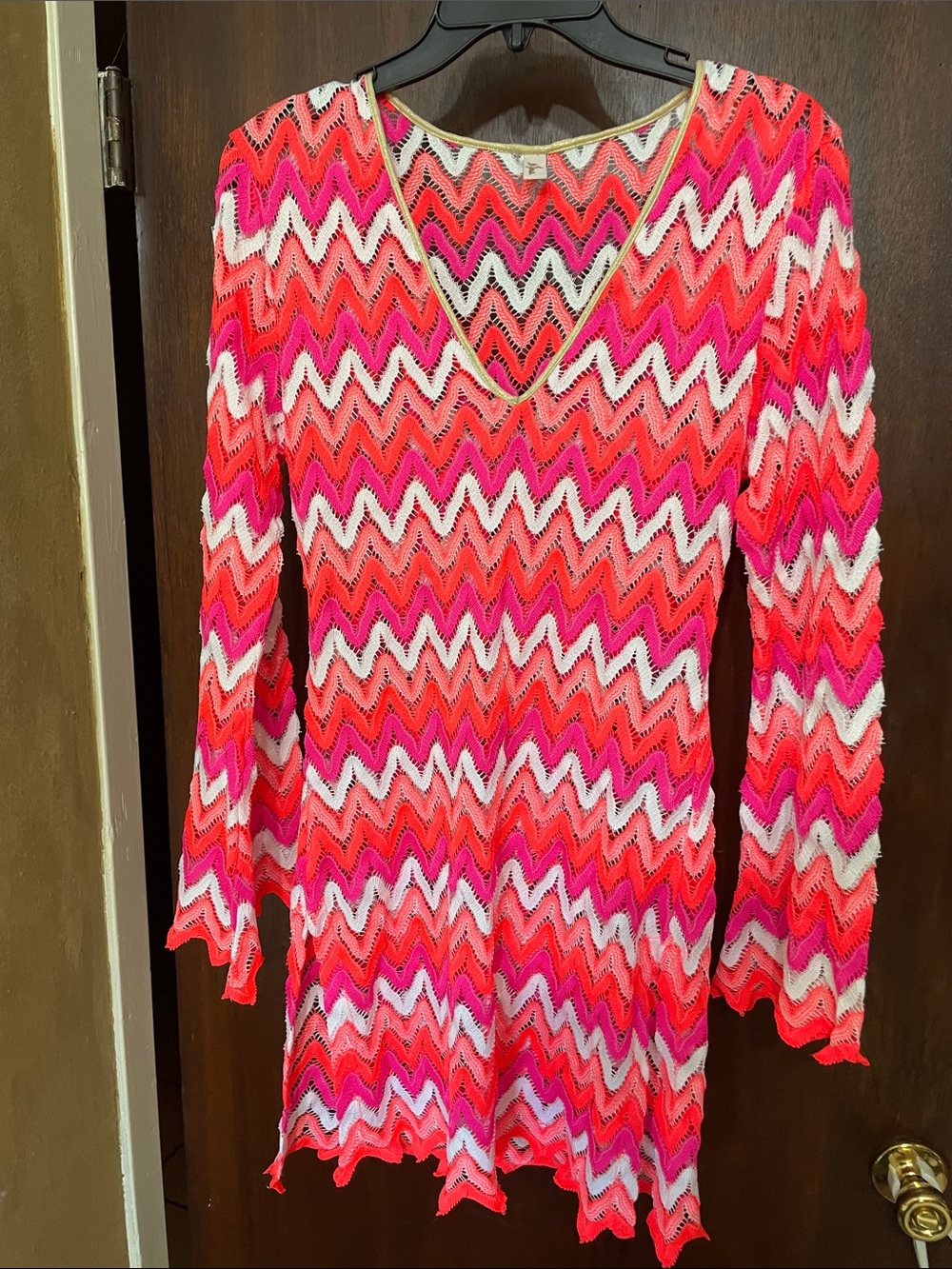 zigzag saturated, color, crochet, mini dress with bell sleeves